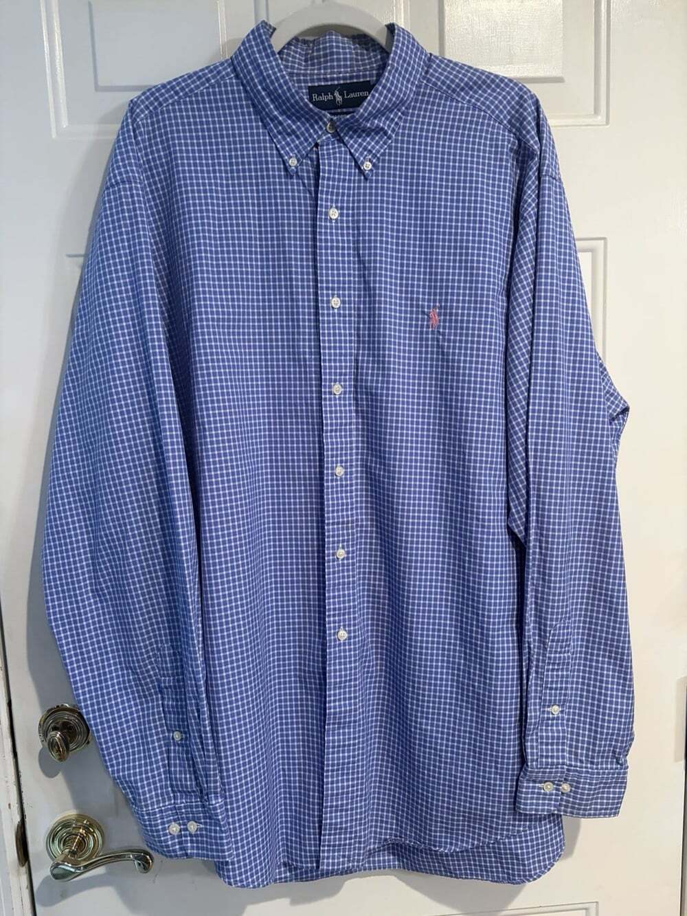 Ralph Lauren Shirt Men's XL (17 1/2) Blue/White Plaid Classic Fit Button Up
